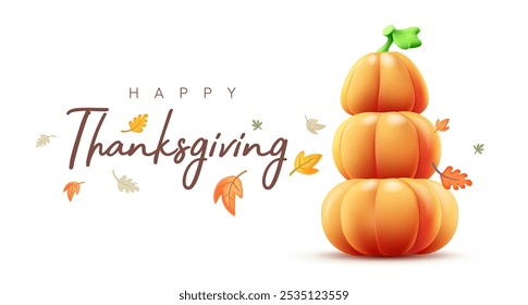 Vector autumn holiday illustration of orange pumpkin set and leaves on white color background with happy thanksgiving word. 3d style realistic design of thanksgiving day pumpkin stack and leaf pattern