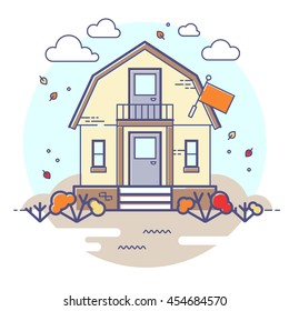 Vector autumn house with flag and falling leaves. Cloudy day. Circle illustration.