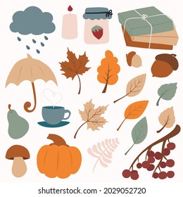 Vector autumn icon set: cloud, candle, jam, books, umbrella, maple leaves, oak leaf, acorns, birch leaves, pear, cup of tea, mushroom, pumpkin, rowan branch
