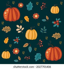Fondo de los iconos de otoño del vector: hojas caídas, calabazas, bayas. Fondo claro para la cosecha. Tarjeta de saludo de otoño