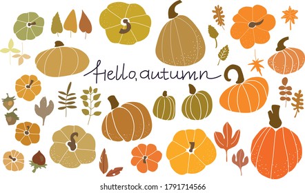 Vector autumn icons set: falling leaves, pumkins, nuts, handdrawn lettering. Collection for scrapbook of fall season elements. Bright background for harvest time. Autumn greeting card, stickers, sale