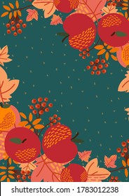 Vector autumn illustration of apples, maple leaves and rowan branches 