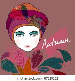 Vector autumn illustration of beautiful cute hand drawn style elegant girl portrait