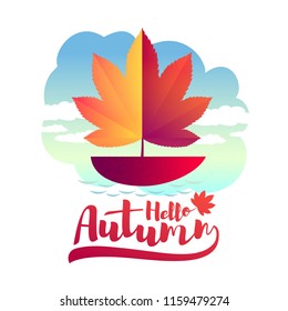 Vector autumn illustration. A boat with a sail in the form of an autumn leaf floating in a puddle and isolated on a white background.