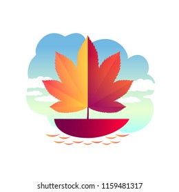 Vector autumn illustration. A boat with a sail in the form of an autumn leaf floating in a puddle and isolated on a white background.