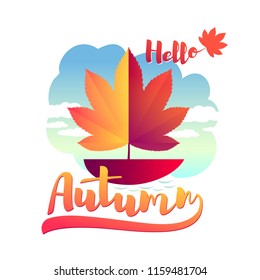 Vector autumn illustration. A boat with a sail in the form of an autumn leaf floating in a puddle and isolated on a white background.