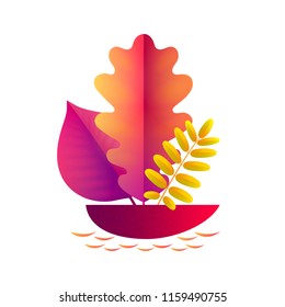Vector autumn illustration. A boat with a sail in the form of an autumn leaf floating in a puddle and isolated on a white background.