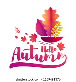 Vector autumn illustration. A boat with a sail in the form of an autumn leaf floating in a puddle and isolated on a white background.