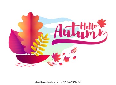 Vector autumn illustration. A boat with a sail in the form of an autumn leaf floating in a puddle and isolated on a white background.