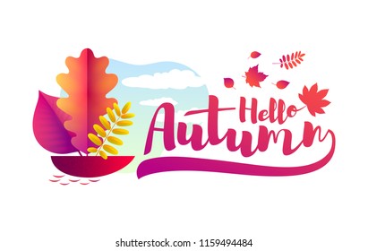 Vector autumn illustration. A boat with a sail in the form of an autumn leaf floating in a puddle and isolated on a white background.