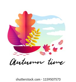 Vector autumn illustration. A boat with a sail in the form of an autumn leaf floating in a puddle and isolated on a white background.