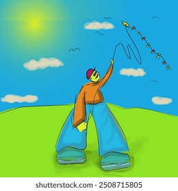 Vector autumn illustration. A boy flying a paper kite. Bottom up perspective. Autumn outdoor activity. Flying the kite, baby. Children's autumn fun. Sky, clouds, sun, meadow.
