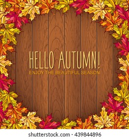 Vector autumn illustration of colorful maple leaves on wooden table background