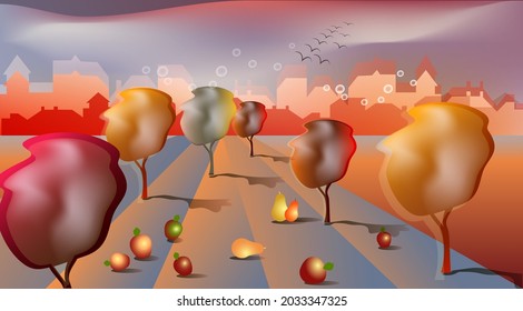 Vector autumn
illustration with colorful trees, fruits, leaf fall and city