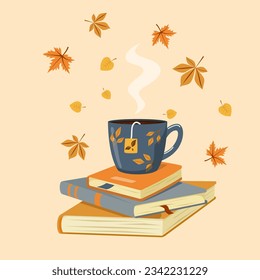 Vector autumn illustration of a cup of hot tea on books with falling autumn leaves. Cozy autumn. Autumn banner, image, postcard.
