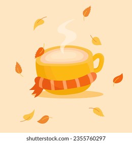 Vector autumn illustration of a cup of hot tea with falling autumn leaves. Cozy autumn. A cute cup of tea with a scarf. Autumn banner, image, postcard.