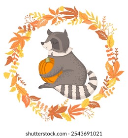 Vector autumn illustration with cute racoon, pumpkin, wreath from hand drawn leaves and branches isolated on white background. Animal design for greeting card, invitation template, poster