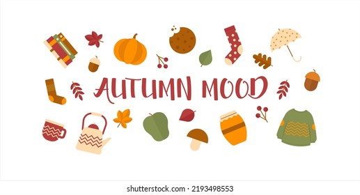 Vector Autumn Illustration With Fall Season Elements: Pumpkin, Mushroom, Cozy Food, Umbrella, Falling Leaves, Branches, Cone. Autumn Icon Set.