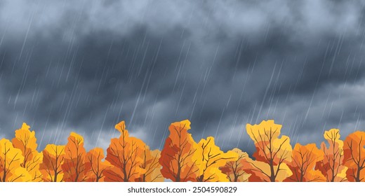 Vector autumn illustration, forest against a dramatic dark sky, it is raining, autumn background