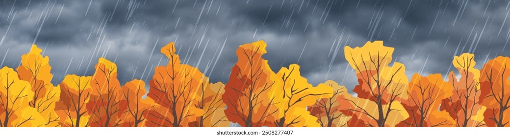 Vector autumn illustration, forest against a dramatic dark sky, it is raining, autumn background