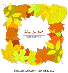 Ilustración vectorial de otoño. Marco hecho de hojas de otoño. Diseño de vectores para el diseño de tarjetas de otoño, carteles, fotos, pegatinas, collages, etc.
