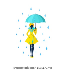 Vector autumn illustration of a girl in yellow coat with mint umbrella standing in the rain isolated on the white background.