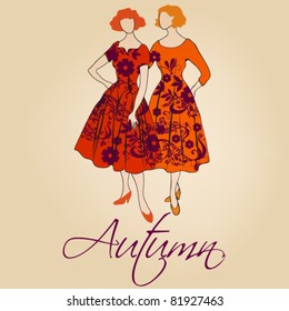 Vector autumn illustration of hand drawn style elegant vintage fashion ladies