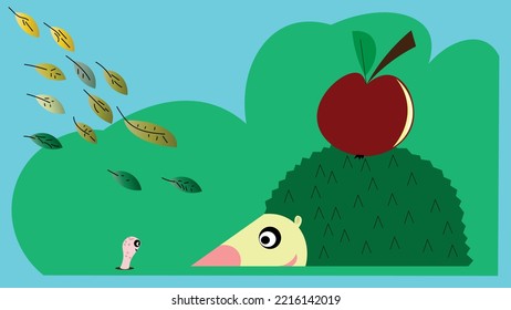 Vector autumn illustration. Hedgehog with an apple impaled on thorns. A laughing worm peeks out from the ground in front of the hedgehog. Nice autumn illustration with a children's motif. Top left, fa