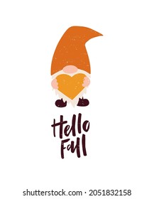 Vector autumn illustration with lettering quote Hello Fall and cute gnome, pumpkin on white background. Harvest season decoration. Template for poster, card, festival banner.