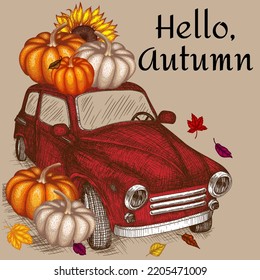 Vector autumn illustration linear graphic car with pumpkin harvest in engraving style