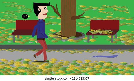 Ilustración vectorial de otoño. Hombre caminando en el parque otoñal. Hombre caminando, hojas caídas sobre la hierba y la acera. Maletero de árbol con ramas desnudas, banco de madera. Parque, otoño, clima frío.