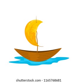 Vector autumn illustration of a miniature boat in a puddle with sail mady by yellowed leaf. Isolated on the white background.
