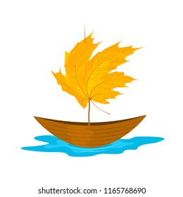 Vector autumn illustration of a miniature boat in a puddle with sail mady by yellowed maple leaf. Isolated on the white background.