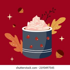 Vector autumn illustration of a mug of hot drink. tea, chocolate, coffee, mulled wine with marshmallow, berries and cream. A cup on a red background with leaves and nuts. Autumn greeting card (Autum)