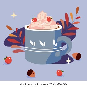 Vector autumn illustration of a mug of hot drink. tea, chocolate, coffee, mulled wine with marshmallow, berries and cream. A cup on a blue  background with leaves and nuts, berries. Autumn time 