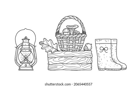 Vector autumn illustration with mushroom harvest, wicker basket, rain boots, kerosene lantern, wood box. Cute and cozy things.