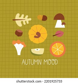 Vector autumn illustration with mushrooms, pumpkin, nuts and leaves. Autumn postcard.