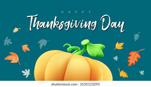 Vector autumn illustration of orange color pumpkin and leaves on dark background with happy thanksgiving day word. 3d style cartoon holiday design of thanksgiving day pumpkin and leaf pattern for card