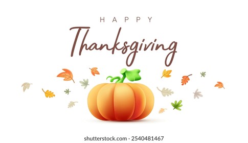Vector autumn illustration of orange color cartoon pumpkin and leaves on white background with happy thanksgiving word. 3d style holiday design of thanksgiving day pumpkin and leaf pattern for banner