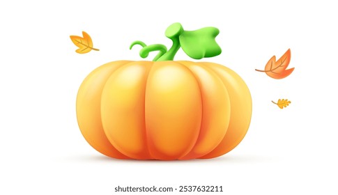 Vector autumn illustration of orange pumpkin and leaves on white color background. 3d style cartoon design of pumpkin and leaf for thanksgiving day web banner, halloween party poster, greeting card