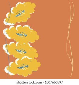 Ilustración vectorial de otoño con lugar para el texto. Flores amarillas sobre fondo naranja. Perfecto para papel tapiz, papel de regalo, rellenos de patrones, fondo de página web, tarjetas de otoño.