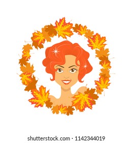 Vector autumn illustration of a pretty red girl in the cirle of maple leaves. Isolated on the white background.