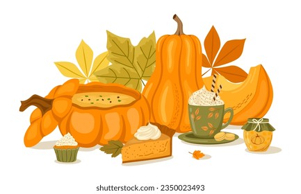 Vector autumn illustration of pumpkin and pumpkin dishes isolated on white background. Image for postcards, banners and illustrations. The concept of autumn mood, drinks and food.