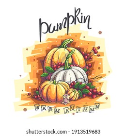 Vector autumn illustration with pumpkin, rowan berries, candle