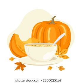 Ilustración vectorial otoño de calabaza y calabaza en una cacerola. Cartel, postal, imagen. Fondo para imprimir. El concepto de comida, humor otoñal, cocina.