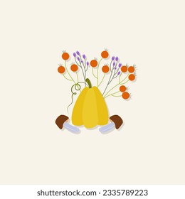 Vector autumn illustration with pumpkin.Pumpkin, mushrooms in color vector illustration.