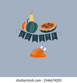 Vector autumn illustration with pumpkins, pie and turkey, perfect to use on the web or in print