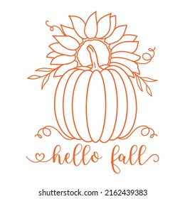 Vector autumn illustration with quote Hello Fall and pumpkin with sunflower isolated on white background. Season cute outline poster for t shirt, print, card, sign. 