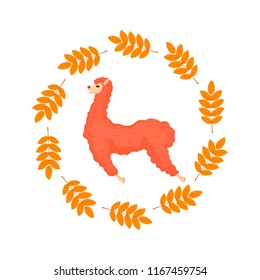 Vector autumn illustration of a red jumping lama in the circle of rowan yellowed leaves isolated on the white background.