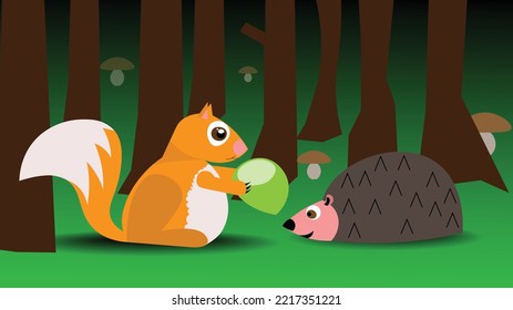 Vector autumn illustration. Squirrel holding a nut. A hedgehog standing against a squirrel. Trees and mushrooms in the background. Nature illustration. Autumn, autumn illustration, hedgehog, squirrel.